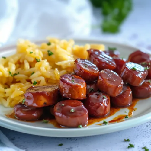 Final presentation of saucy sausages paired with simple pasta