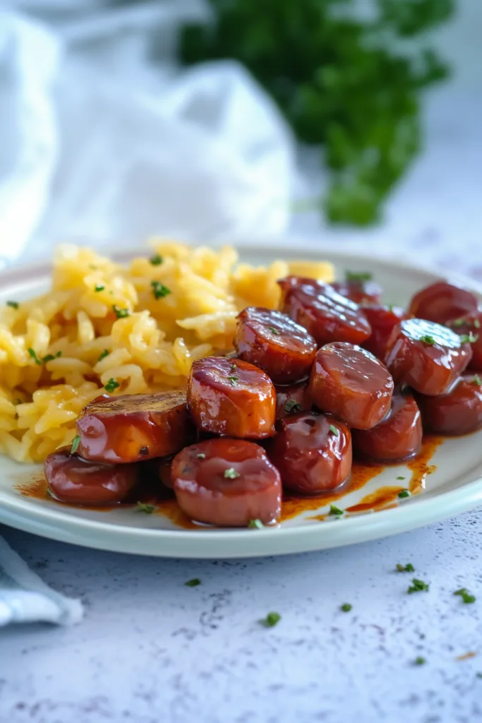 Final presentation of saucy sausages paired with simple pasta