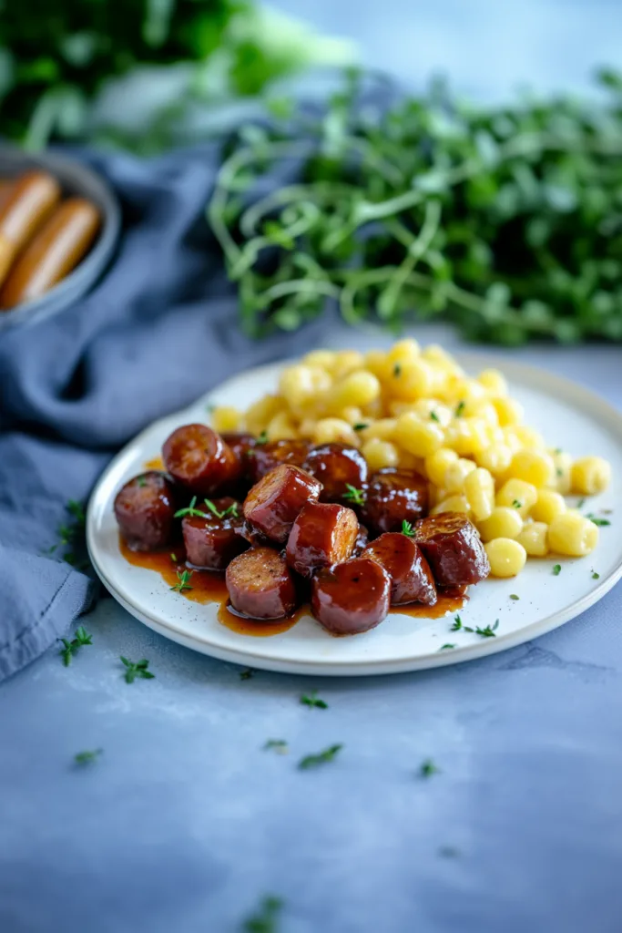 Plate of glossy sausages with pasta garnish on a light dish