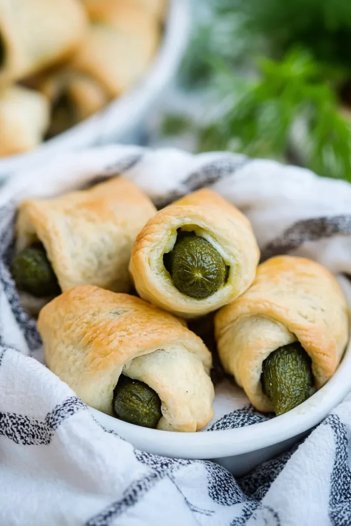 Golden crescent rolls wrapped around crisp pickles, served in a white bowl.