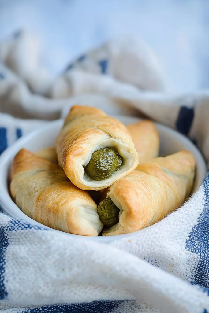 Flaky pastries with dill pickles peeking out, arranged on patterned cloth.