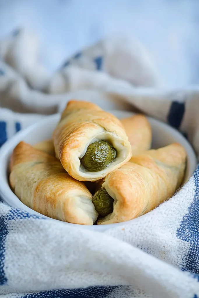 Flaky pastries with dill pickles peeking out, arranged on patterned cloth.