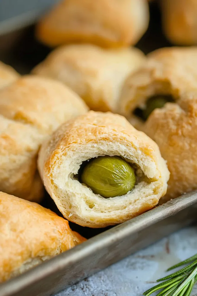 Close-up of golden-brown rolls with visible pickle ends.