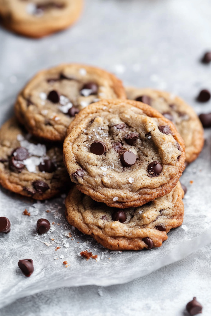 Golden cookies stacked on parchment with melted chocolate chips glistening.