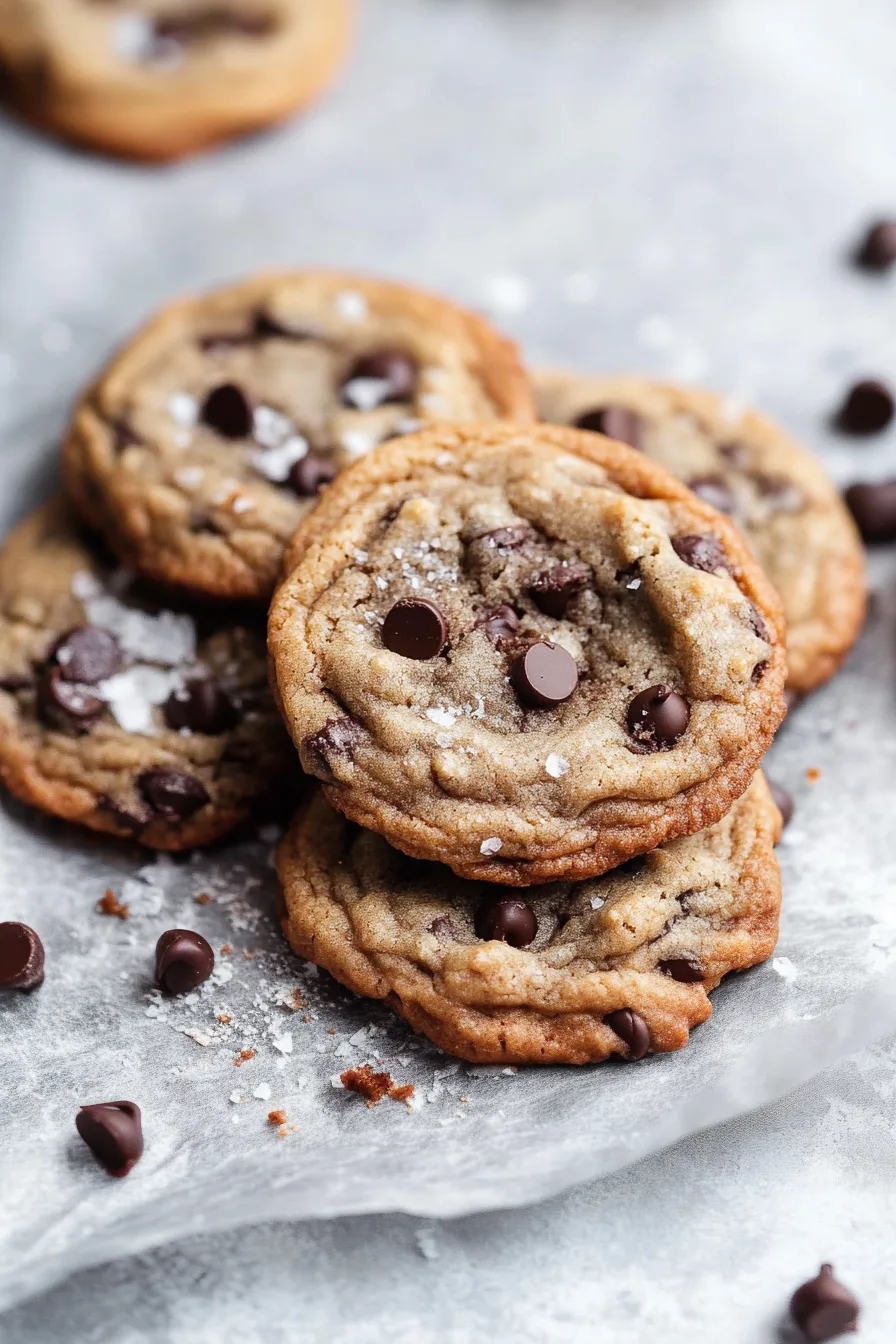 Golden cookies stacked on parchment with melted chocolate chips glistening.