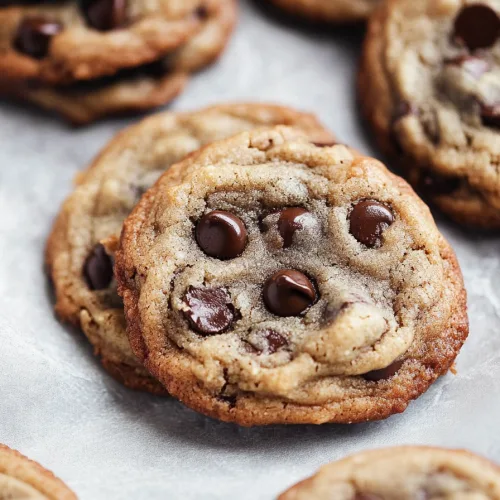 Cookies arranged casually, highlighting their golden-brown surface and rich chips.