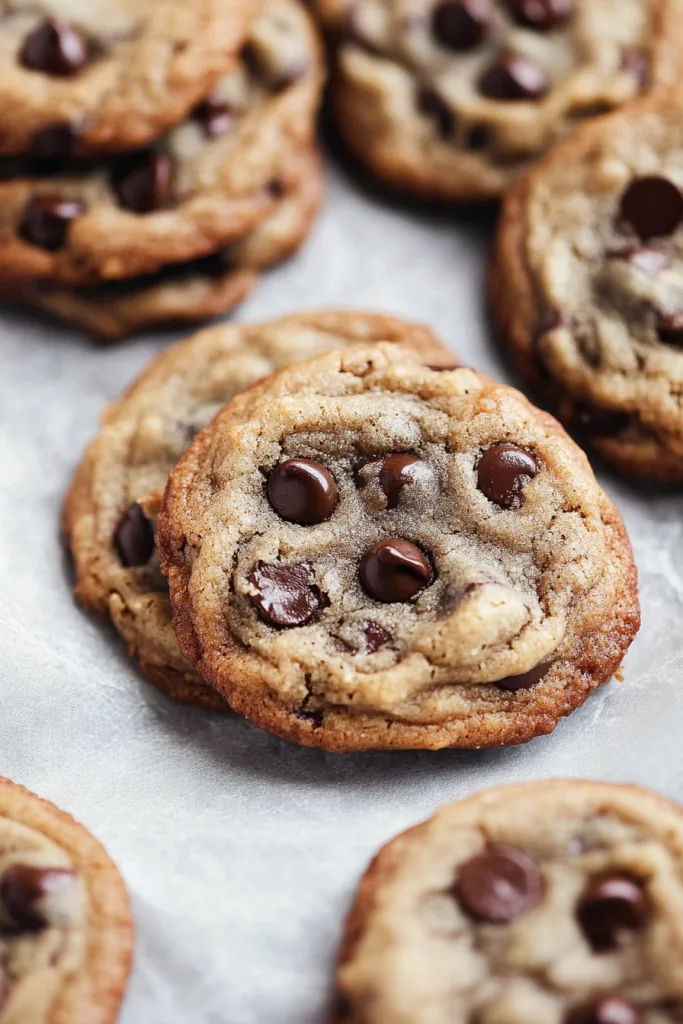 Cookies arranged casually, highlighting their golden-brown surface and rich chips.