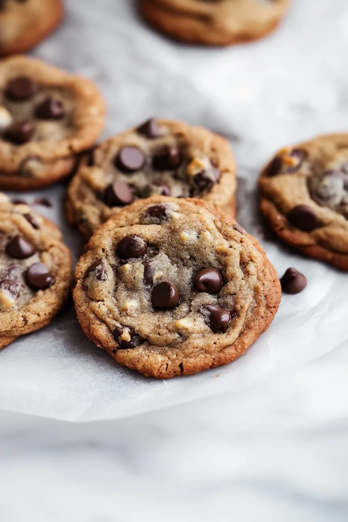 A small pile of cookies showing gooey chocolate pockets and a rustic texture.