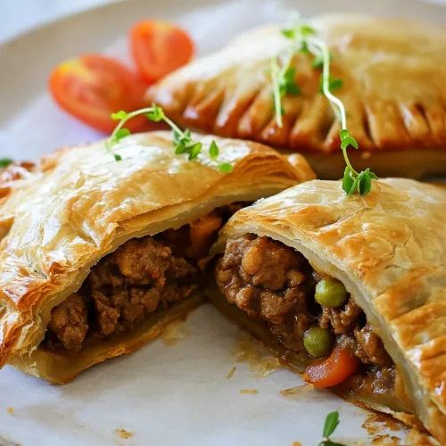 Close-up of meat and vegetable filling inside crisp pastry shells.