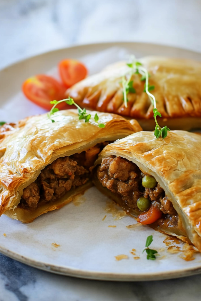 Close-up of meat and vegetable filling inside crisp pastry shells.