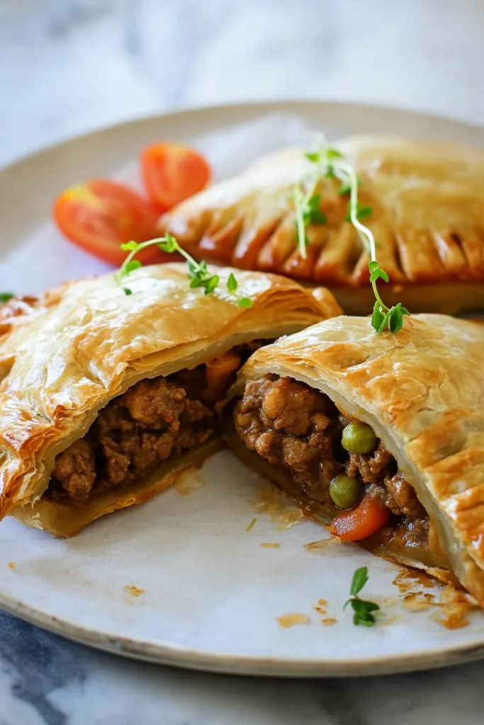 Close-up of meat and vegetable filling inside crisp pastry shells.
