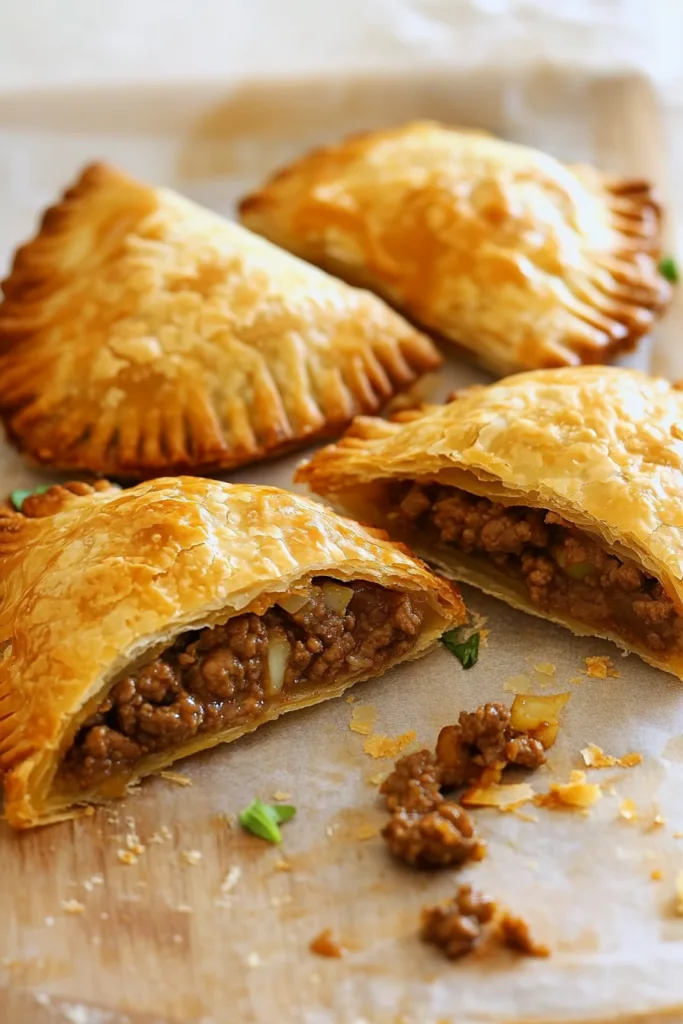 Flaky pasties with crimped edges, two cut open to reveal savory filling.