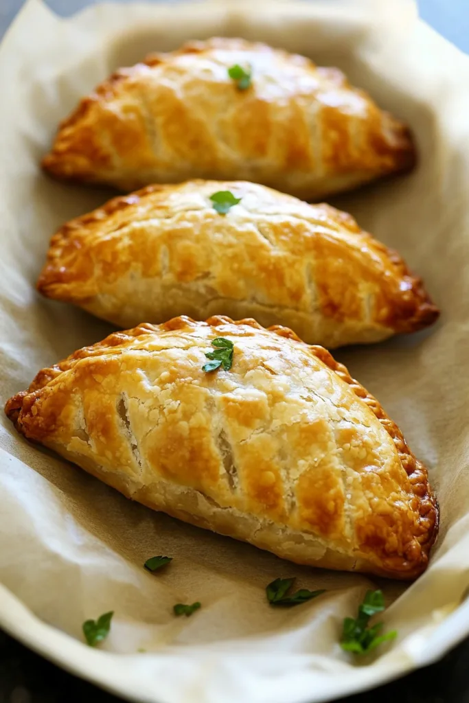 Golden-brown pastry turnovers arranged on parchment paper.