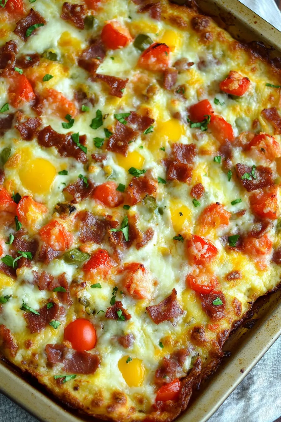 Thick crust breakfast pizza showing layers of toppings and melted cheese.