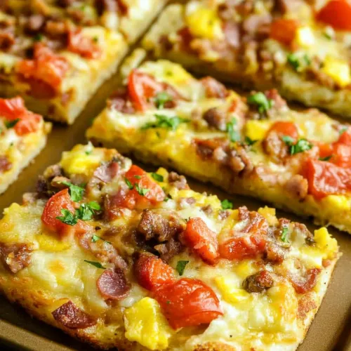 Rectangular slices of cheesy breakfast pizza arranged neatly on a pan.