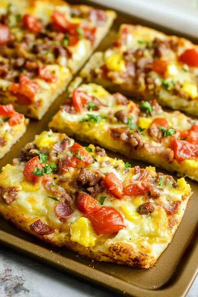 Rectangular slices of cheesy breakfast pizza arranged neatly on a pan.