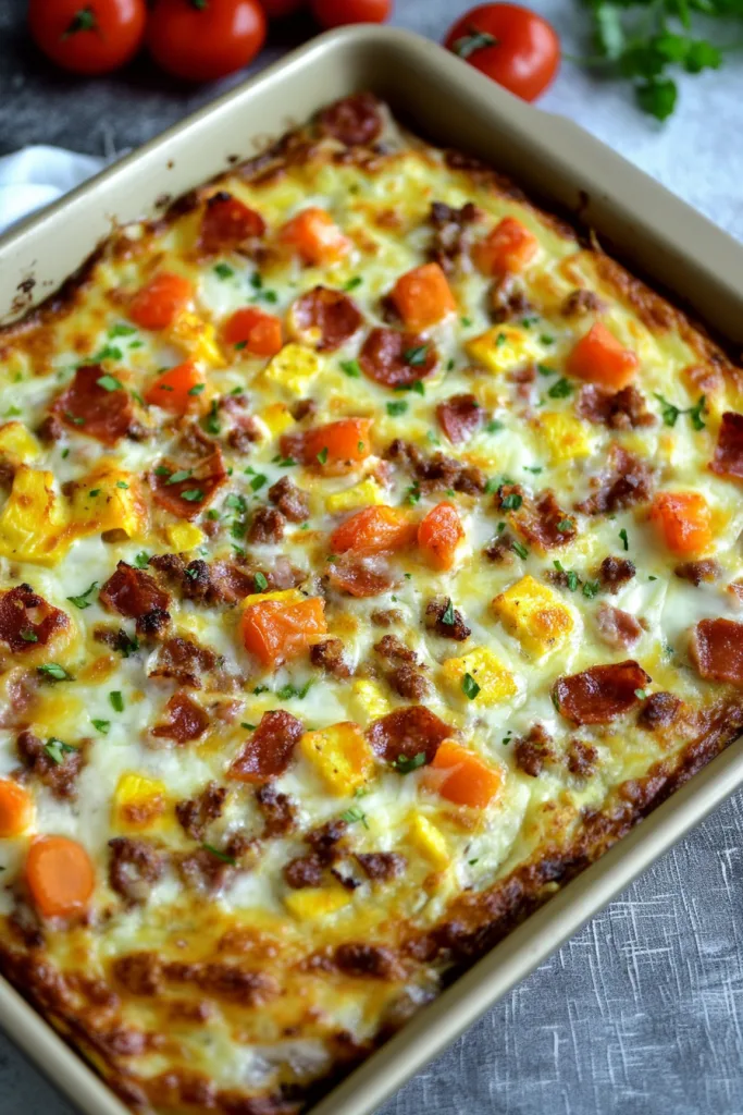 Savory pizza with bacon pieces, diced tomatoes, and parsley scattered across the surface.