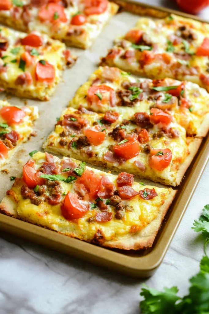 Sheet pan of breakfast pizza slices topped with eggs, sausage, bacon, and melted cheese.