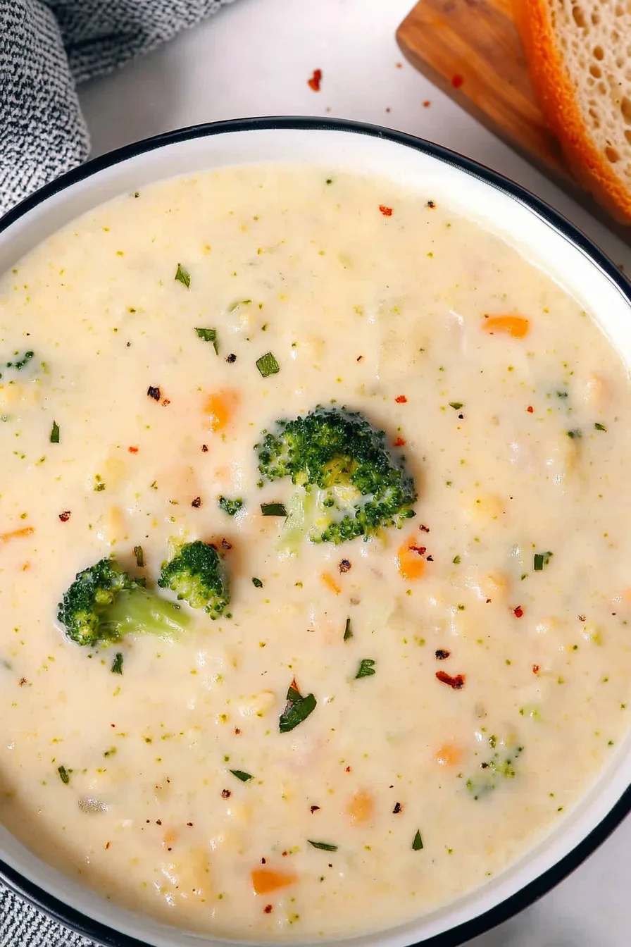 Thick, cheesy vegetable soup sprinkled with black pepper.