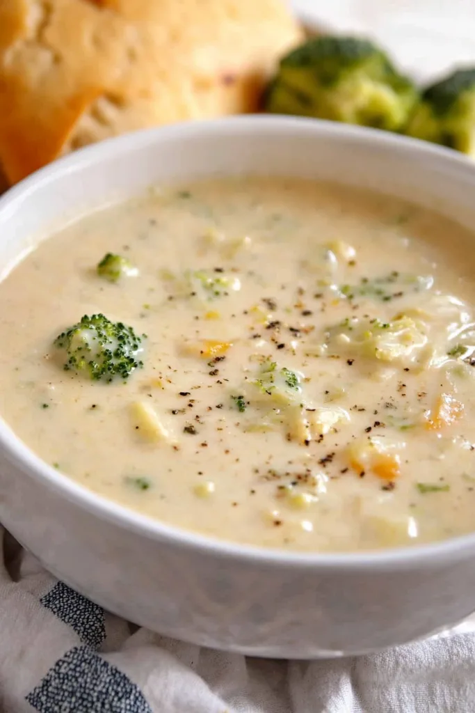 Creamy soup with broccoli florets and diced carrots in a white bowl.