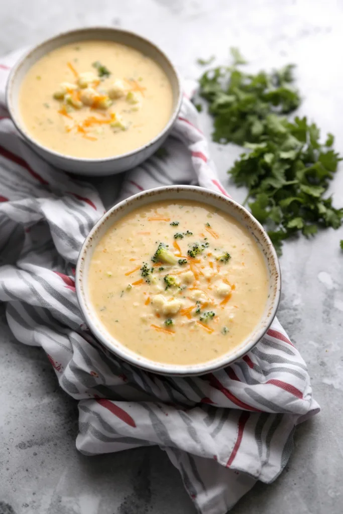 Golden cheese-based soup highlighting broccoli and carrot pieces.