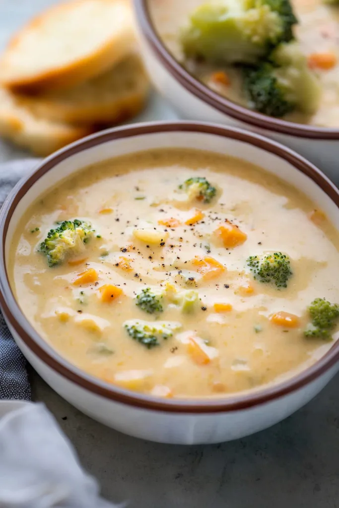 Comforting bowl of creamy vegetable soup served with bread slices.