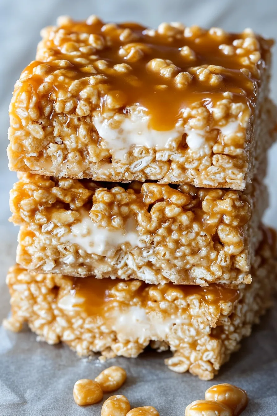 Stacked Rice Krispie bars drizzled with caramel glaze