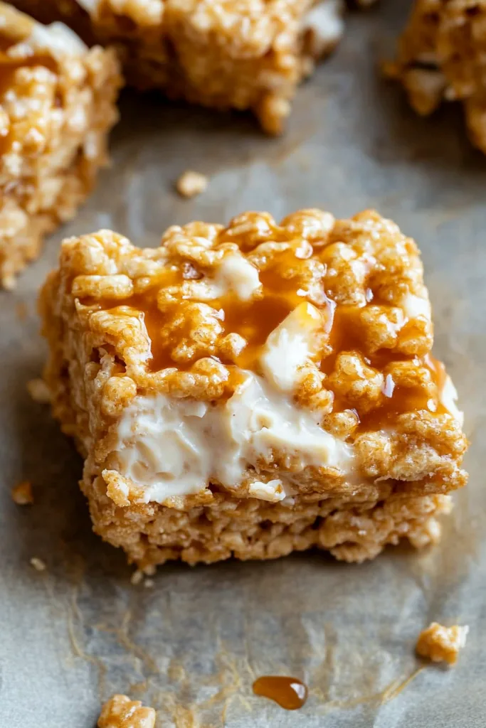 Close-up of crispy cereal treats layered with creamy filling