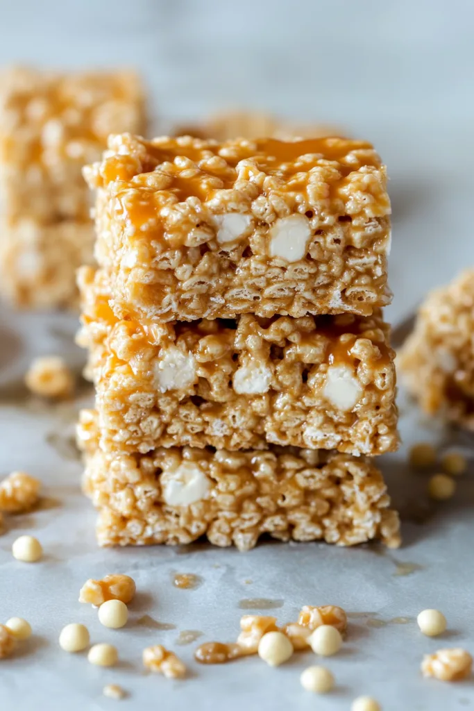 Three dessert bars showing texture of marshmallow and caramel