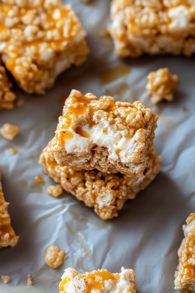 Golden puffed rice squares topped with glossy caramel