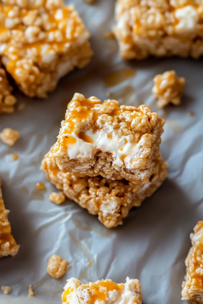 Golden puffed rice squares topped with glossy caramel