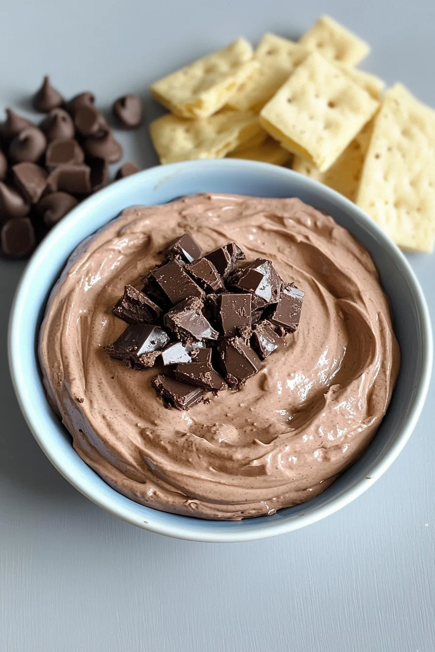 Bowl of creamy chocolate dip surrounded by crackers and chocolate chips.