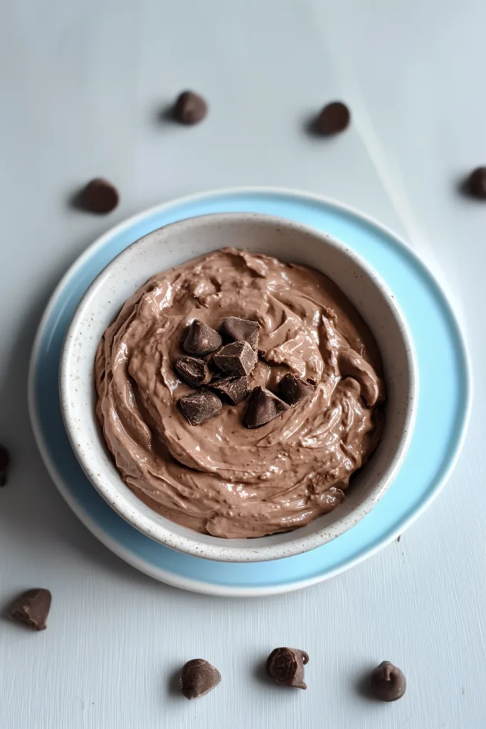 Smooth chocolate dessert topped with chunks of dark chocolate.