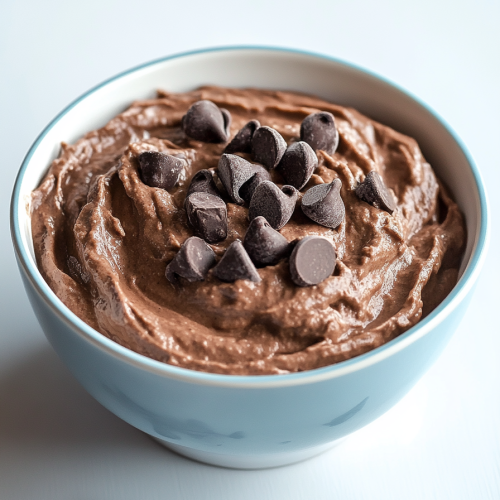 Indulgent chocolate spread garnished with chocolate pieces.