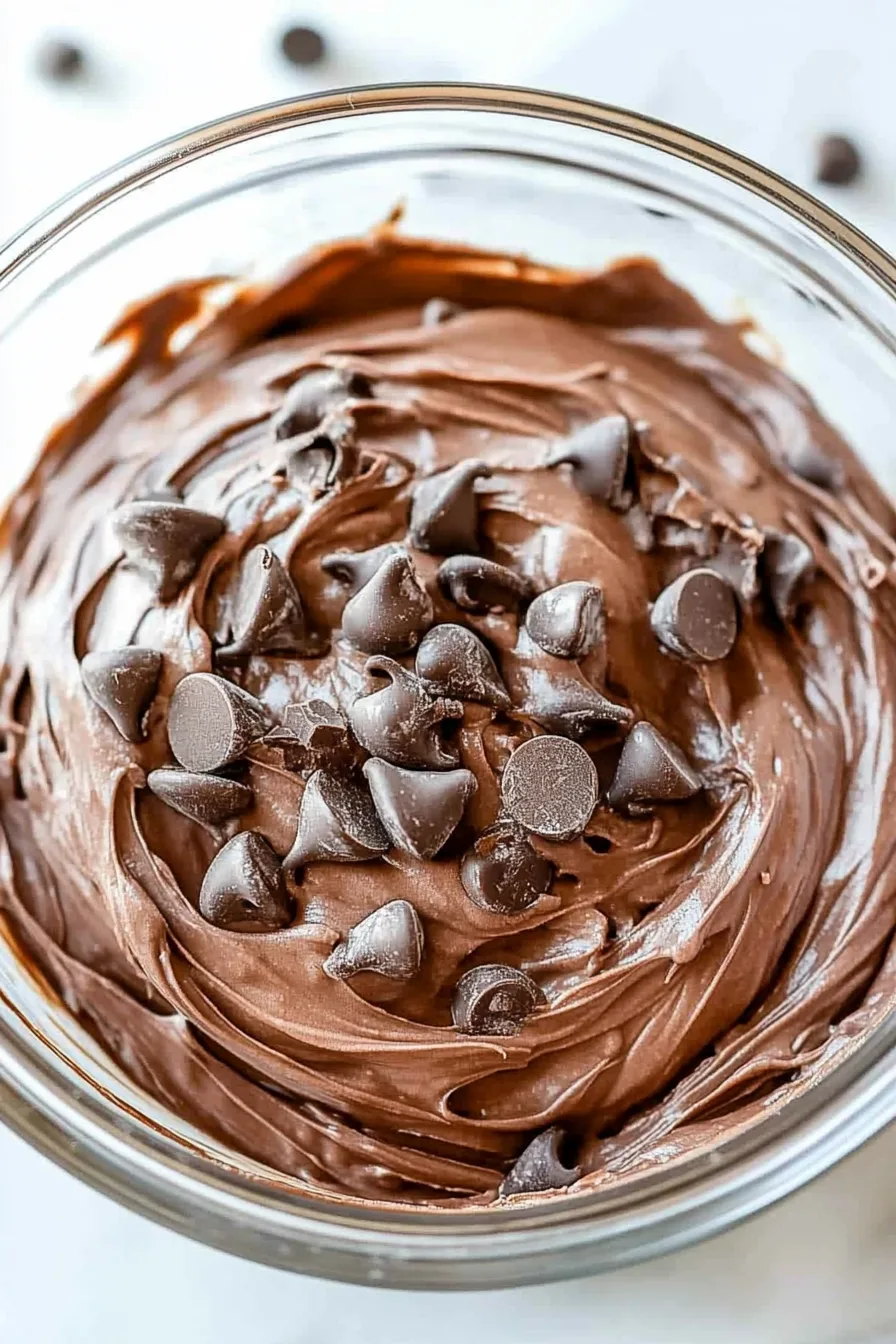 Brownie Batter Dip Recipe presented with chocolate pieces on top.