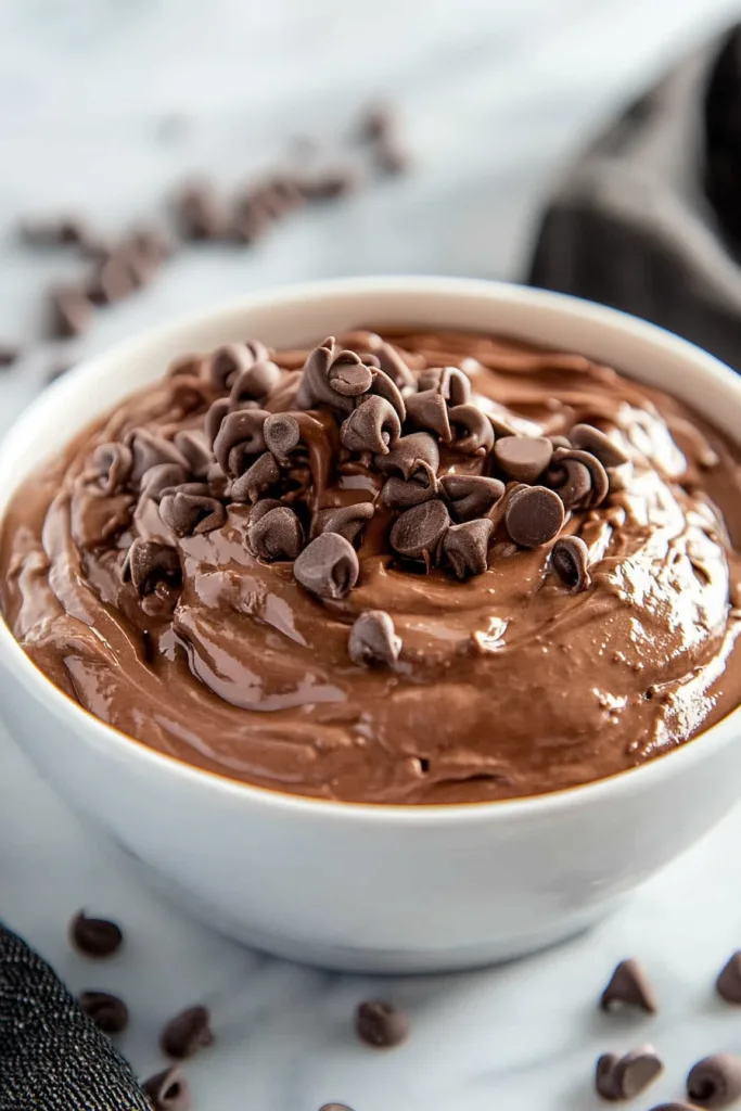 Bowl of creamy chocolate dip topped with chopped dark chocolate.