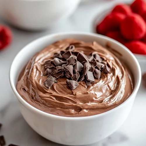Smooth chocolate dessert styled with raspberries in the background.