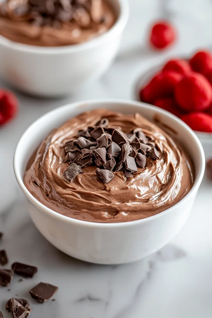 Smooth chocolate dessert styled with raspberries in the background.
