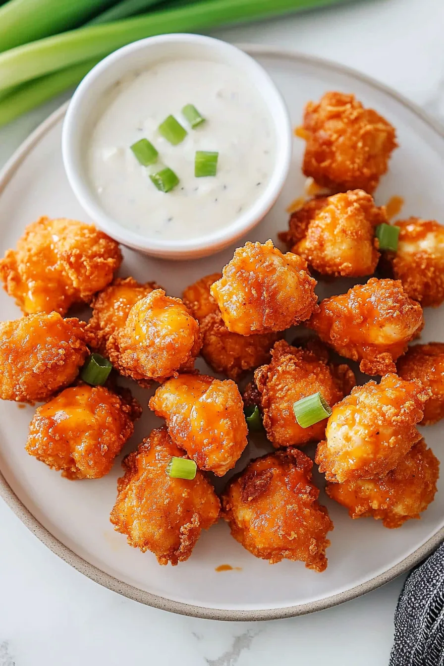 Buffalo Chicken Bites served with creamy dipping sauce on the side.