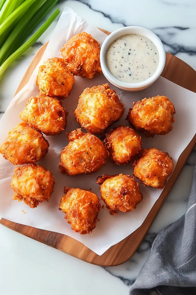 Golden fried bites served on a wooden board with dipping sauce.