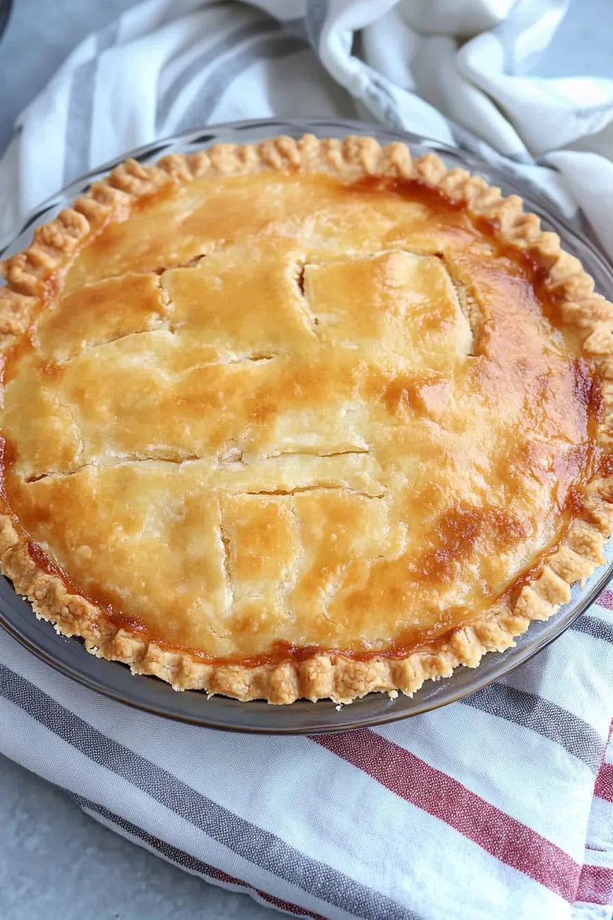 Freshly baked pie with a golden crust resting in a glass dish.