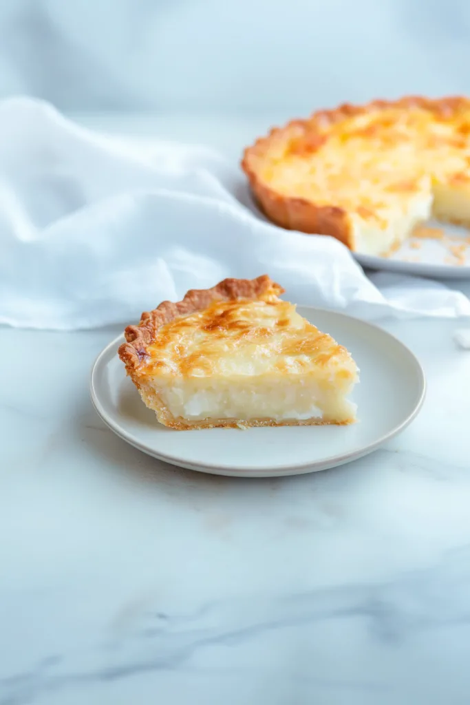 Homemade dessert with a glossy coconut filling and crisp crust.