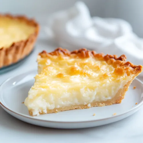 Buko pie recipe slice served on a plate, with the whole pie blurred in the background.