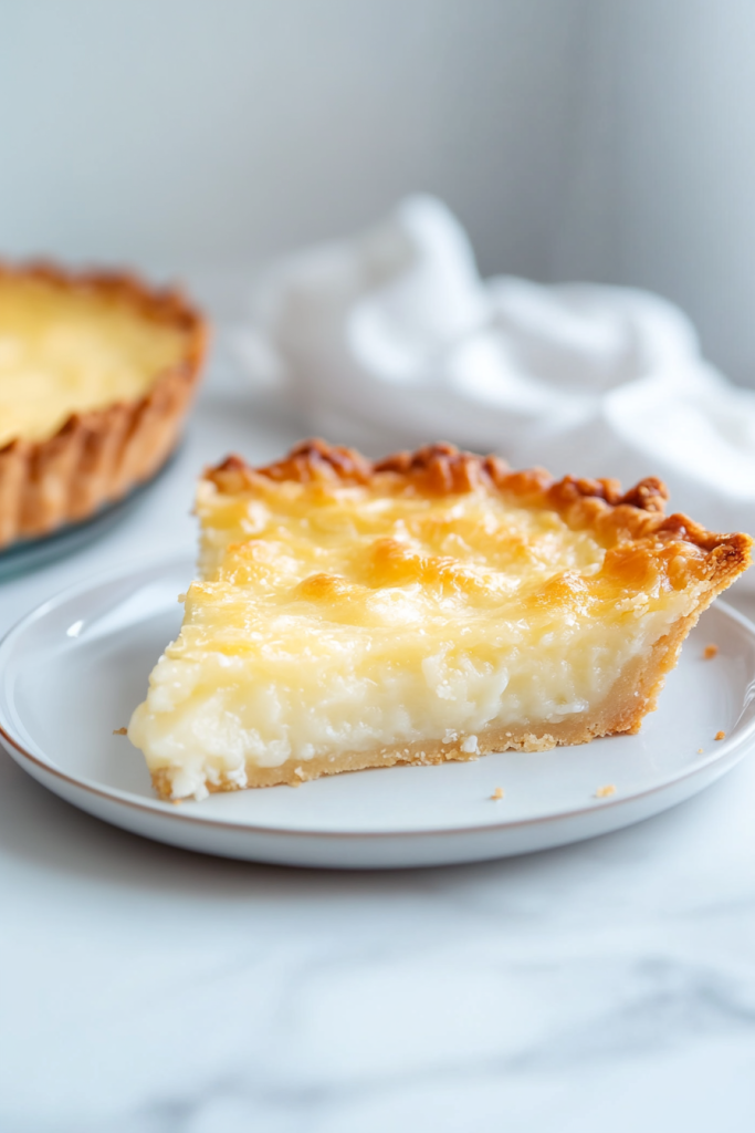 Buko pie recipe slice served on a plate, with the whole pie blurred in the background.