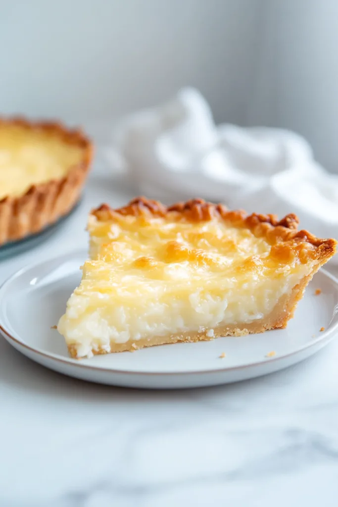 Buko pie recipe slice served on a plate, with the whole pie blurred in the background.