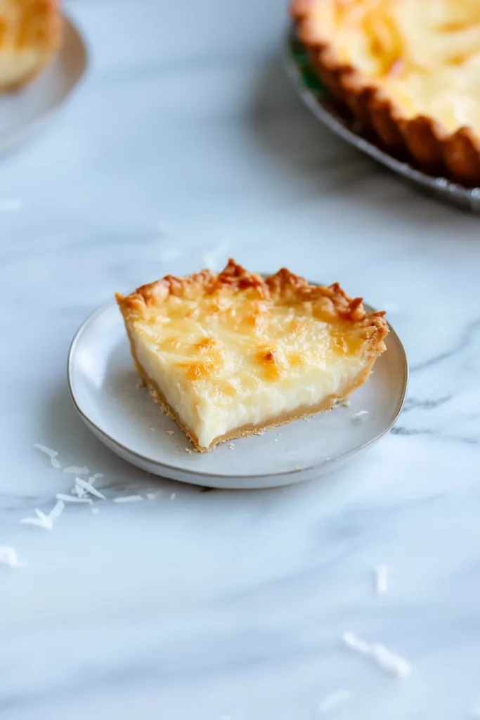 Slice of creamy coconut custard pie on a white plate.