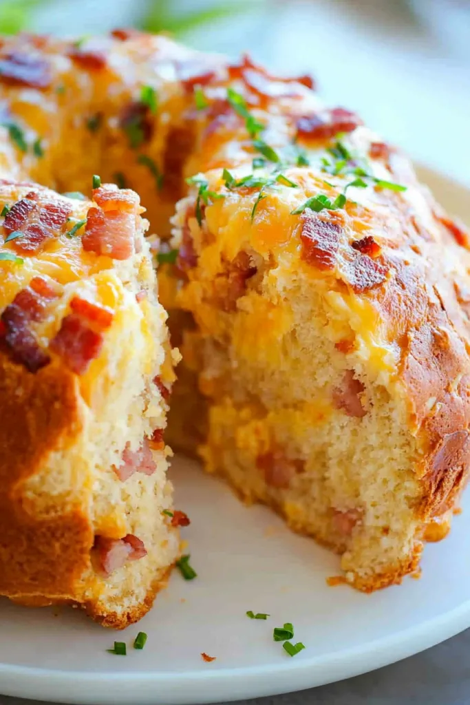 Bundt bread garnished with chopped herbs, a slice removed to reveal filling