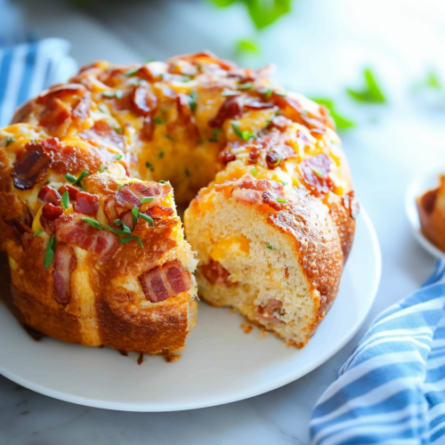 Golden bundt-style bread with melted cheese and bacon pieces visible inside.
