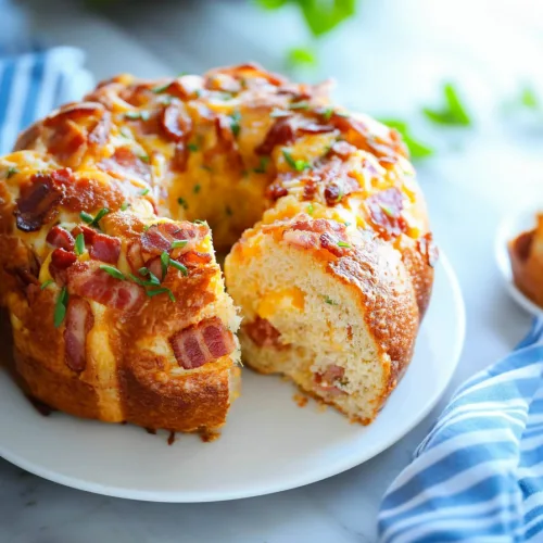 Golden bundt-style bread with melted cheese and bacon pieces visible inside.
