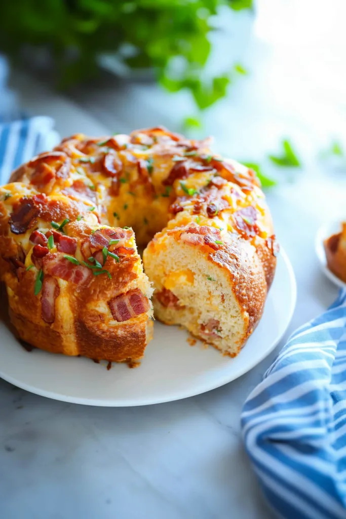 Golden bundt-style bread with melted cheese and bacon pieces visible inside.